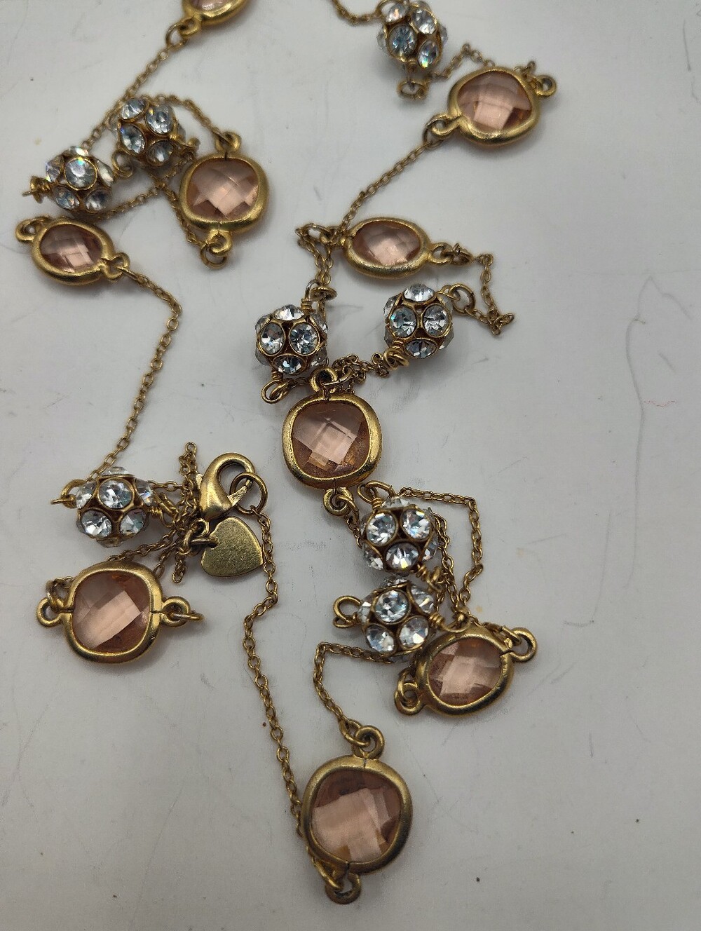 Vintage Pink Disc Windowpane and Disco Ball Crystal Station Necklace -39"
